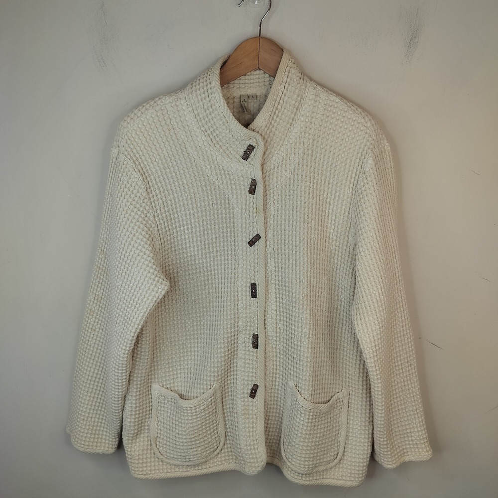 Focus Waffle Knit Cardigan Womens Large Button Up Coastal Boho Clean